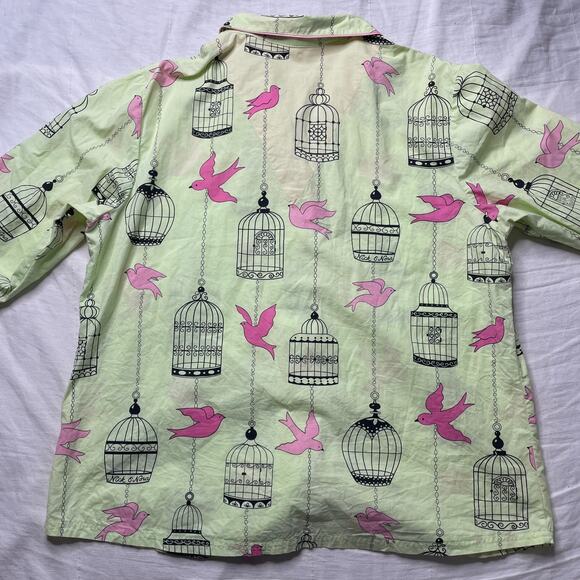 Nick & Nora Green Birds and Birdcage Print Pajama Top and Bottom Set XXL Cotton - Picture 4 of 7